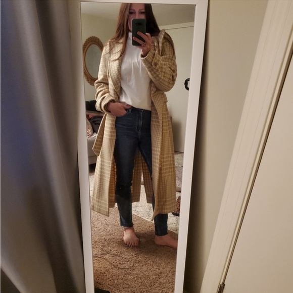 Vintage J. Crew Houndstooth long Wool Coat Tan Cream Size 4 P Checkered belted - Picture 16 of 16